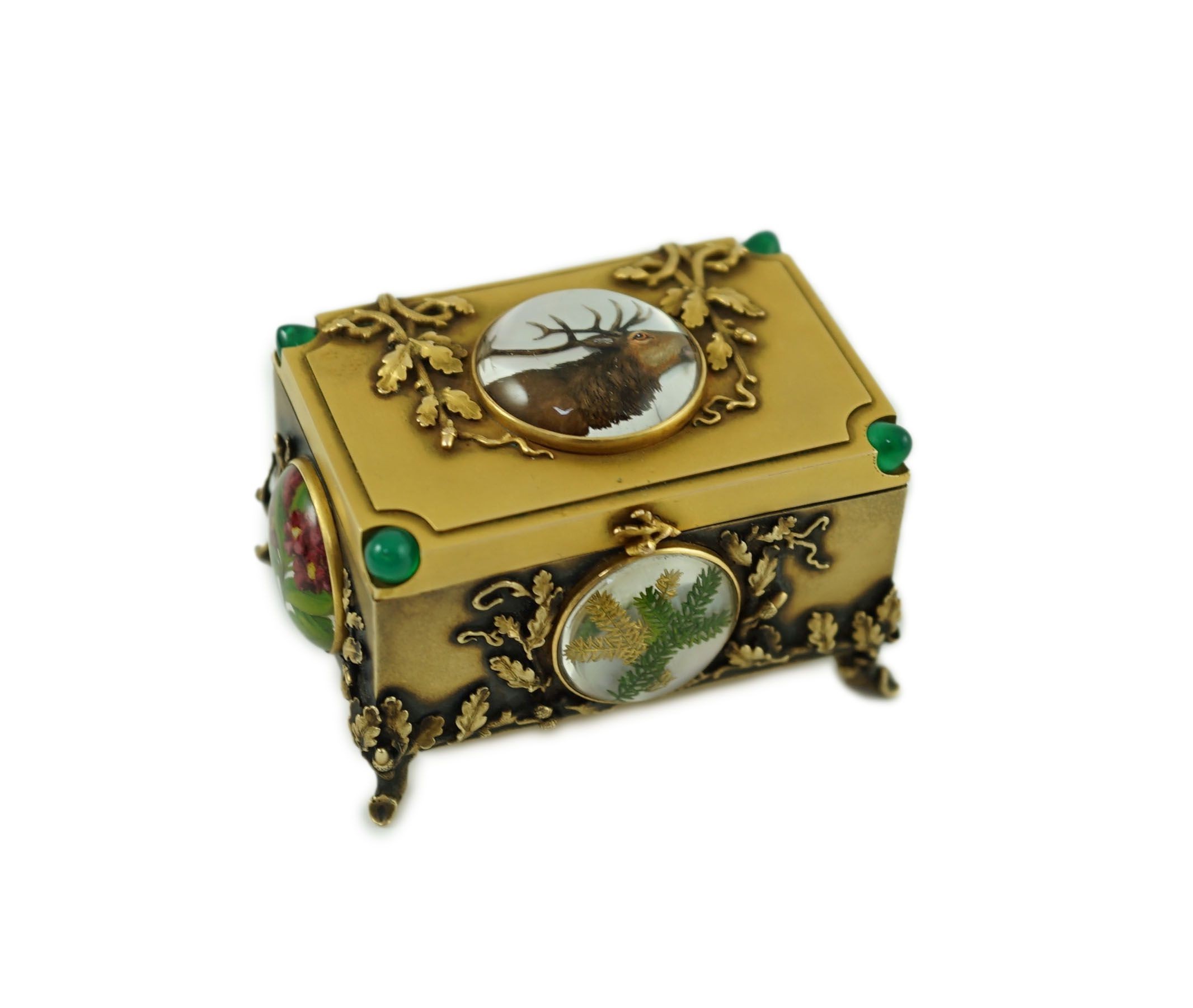 A late 19th/early 20th century Viennese gold, chrysoprase and Essex crystal set small trinket casket, by Josef Siess Sohne, (1895-1922)
